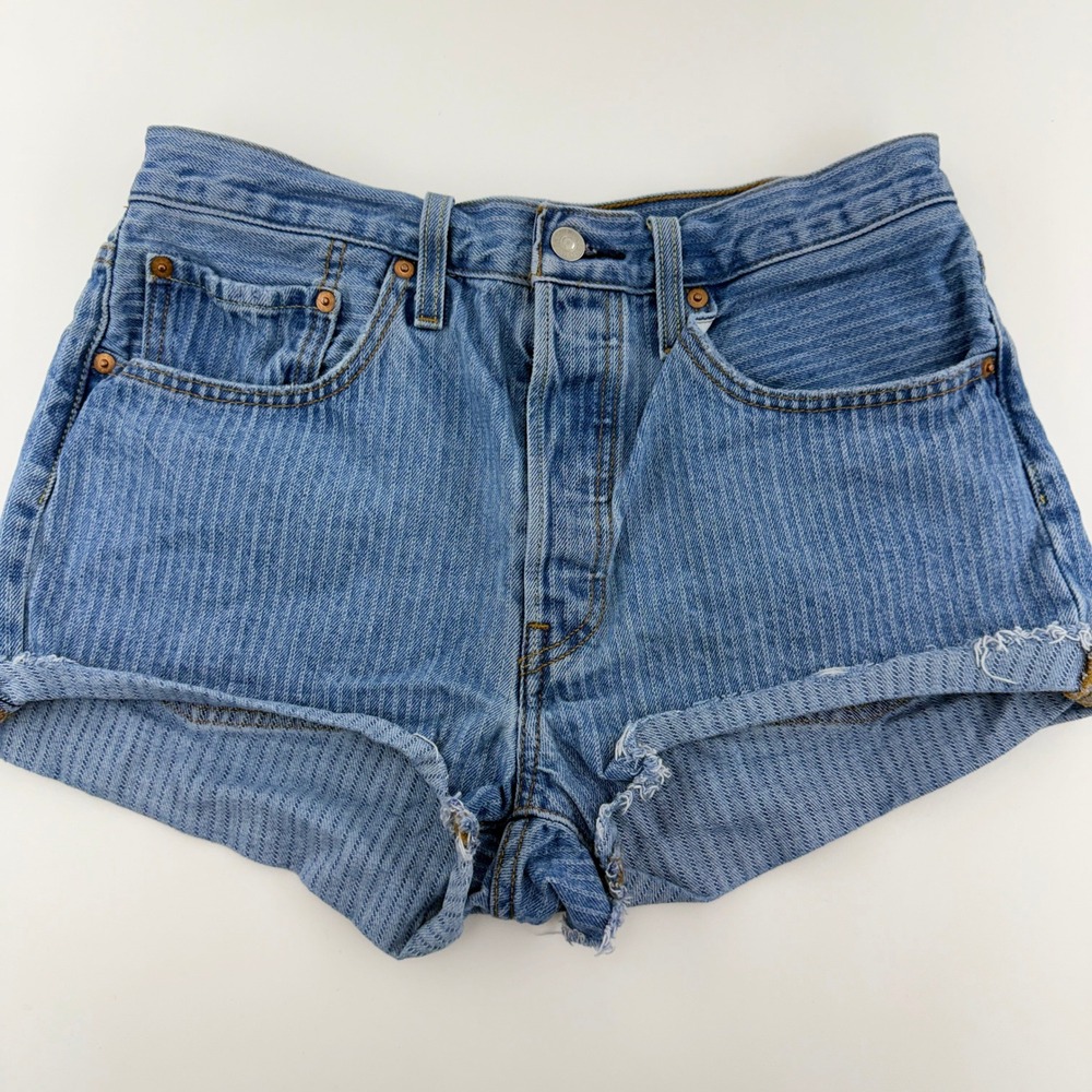 Levi's 501 Pinstripe Denim Shorts Women's W30 High Rise Cutoff Button Fly